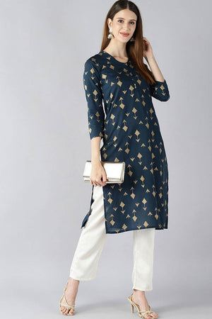 Blue Cotton Printed Straight Kurti
