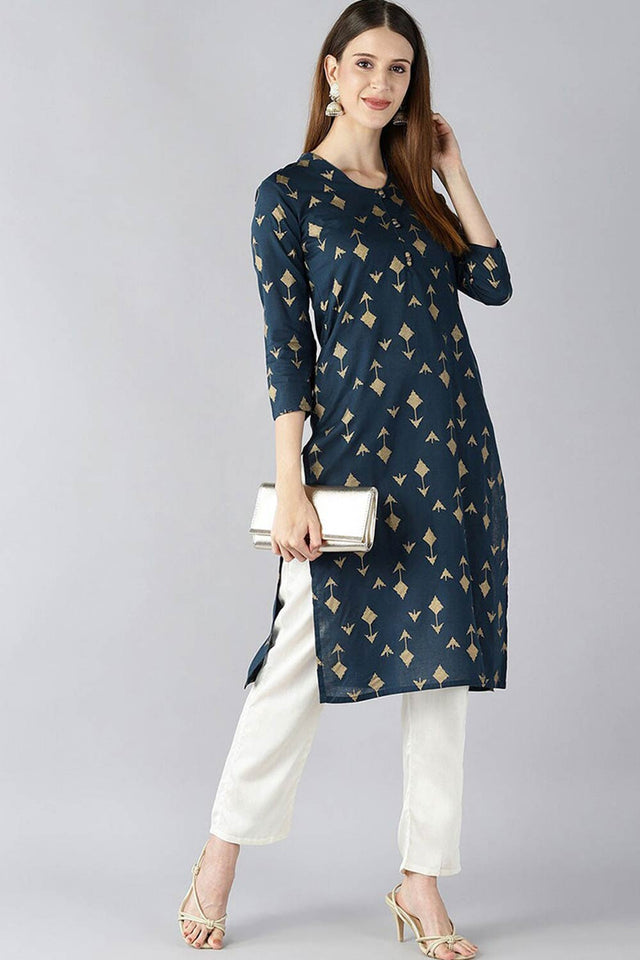 Blue Cotton Printed Straight Kurti