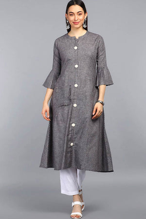 Grey Cotton Stripe Flared Fit Kurti