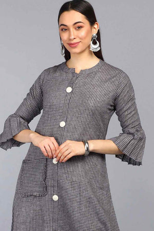 Grey Cotton Stripe Flared Fit Kurti
