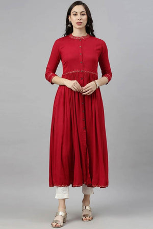 Red Cotton Mandarin Collar Kurti