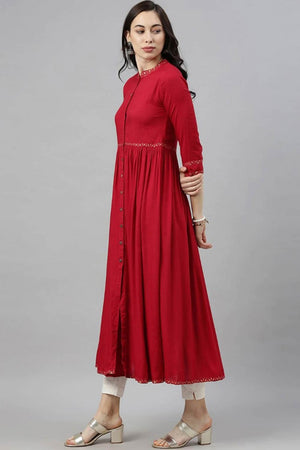 Red Cotton Mandarin Collar Kurti
