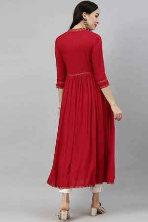 Red Cotton Mandarin Collar Kurti