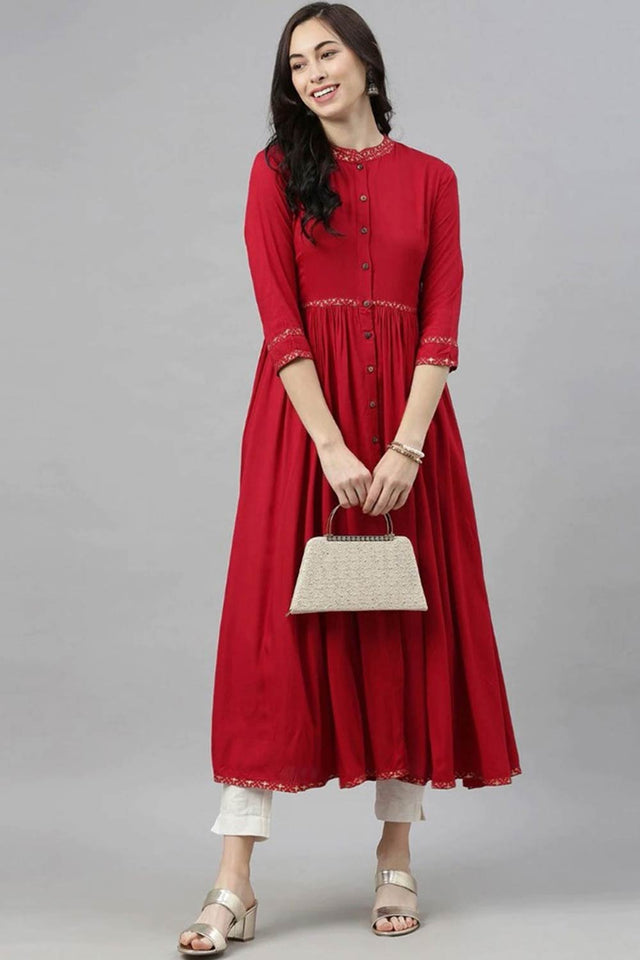 Red Cotton Mandarin Collar Kurti