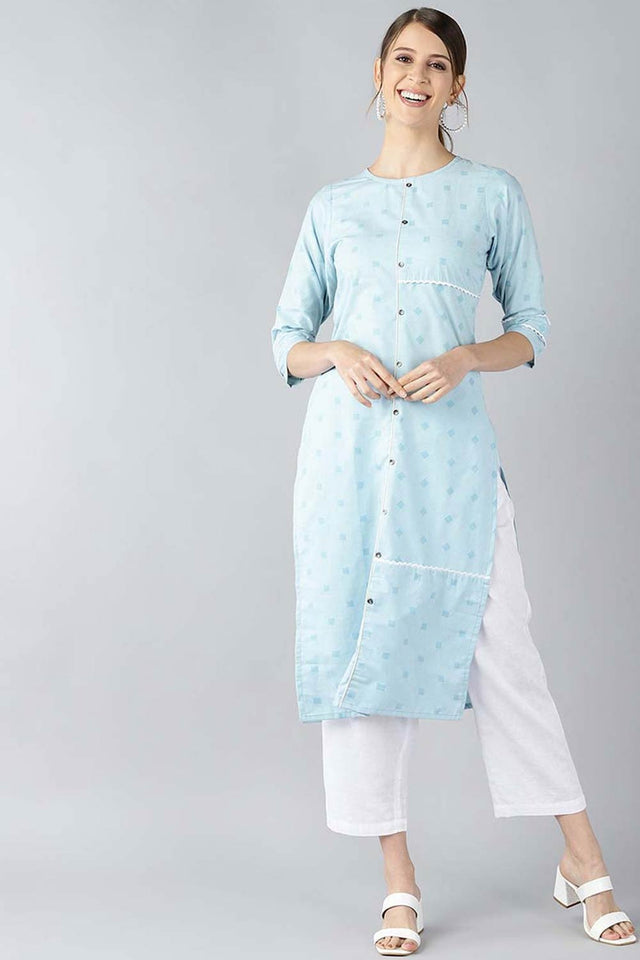 Blue Cotton Floral Straight Kurti