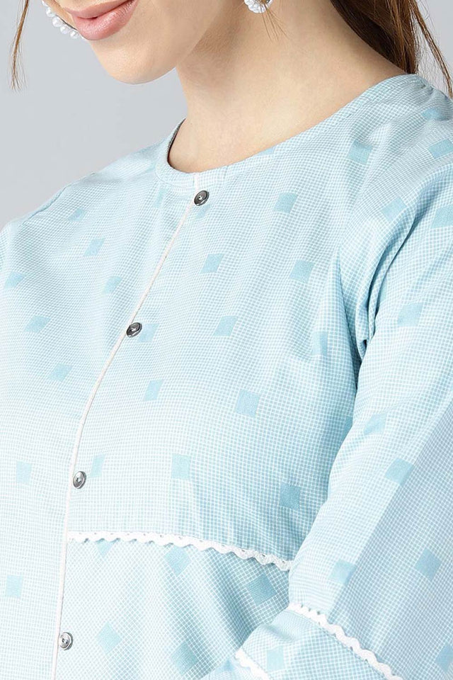 Blue Cotton Floral Straight Kurti