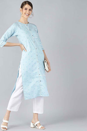 Blue Cotton Floral Straight Kurti