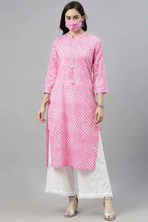 Pink Cotton Leheriya Straight Kurti