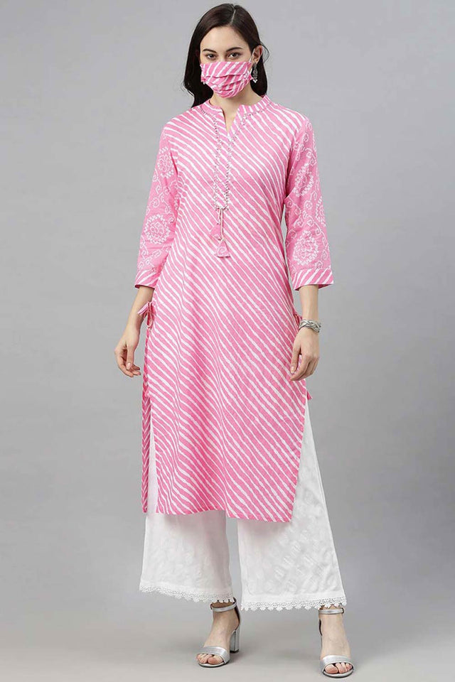 Pink Cotton Leheriya Straight Kurti
