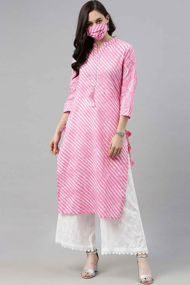 Pink Cotton Leheriya Straight Kurti