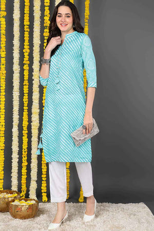 Blue Cotton Mandarin Collar Kurti
