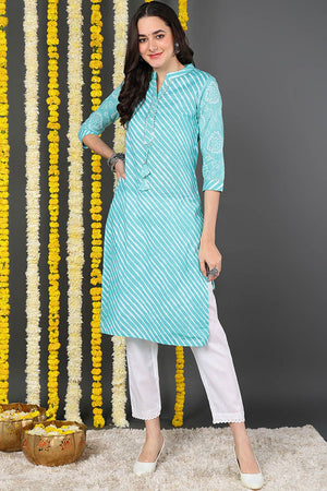 Blue Cotton Mandarin Collar Kurti