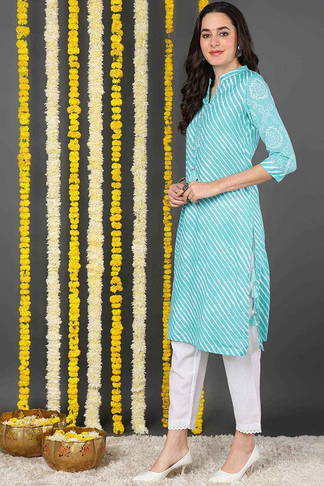 Blue Cotton Mandarin Collar Kurti