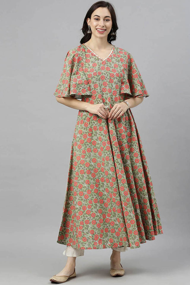 Green Cotton V Neck Kurti