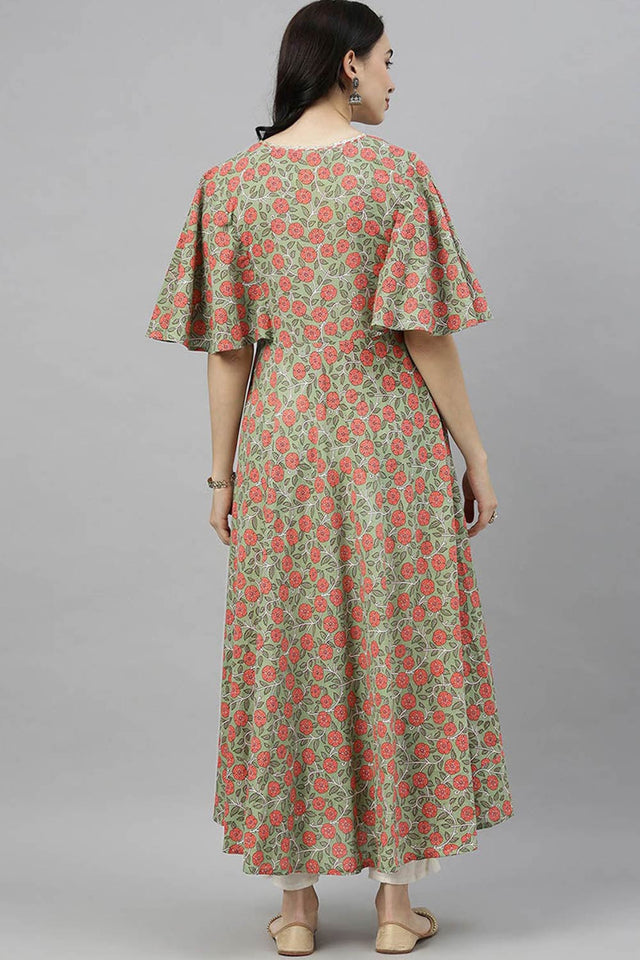 Green Cotton V Neck Kurti