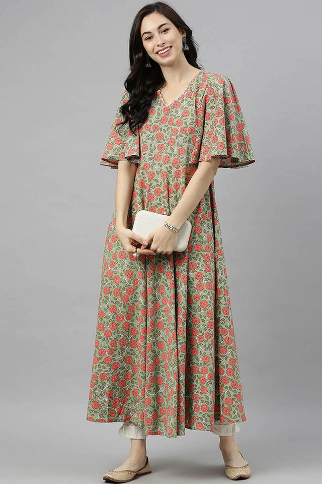 Green Cotton V Neck Kurti