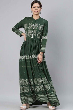 Green Cotton Floral Print Round Neck Kurti
