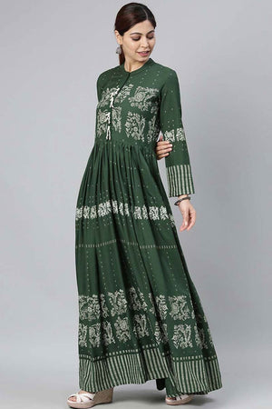 Green Cotton Floral Print Round Neck Kurti
