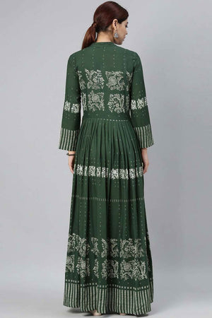 Green Cotton Floral Print Round Neck Kurti