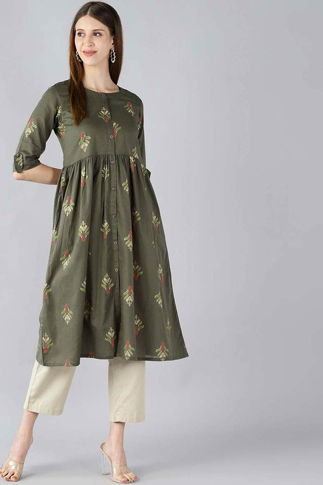 Green Cotton Printed Flared Fit Kurti