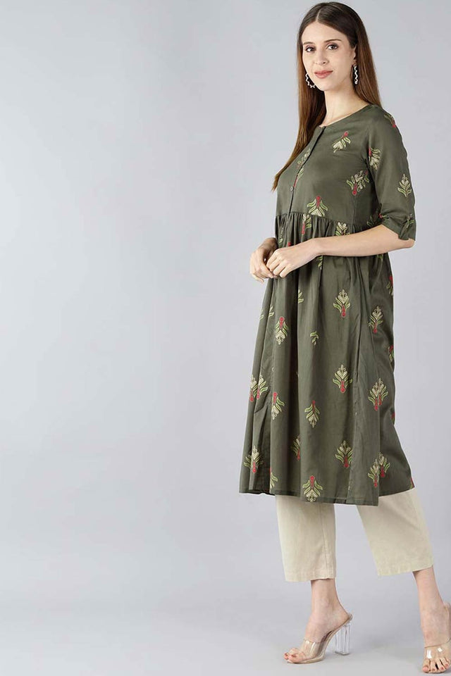 Green Cotton Printed Flared Fit Kurti