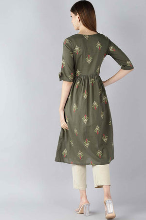 Green Cotton Printed Flared Fit Kurti