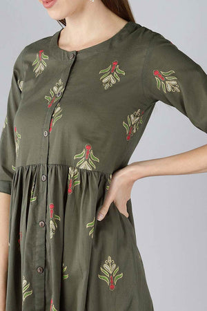 Green Cotton Printed Flared Fit Kurti