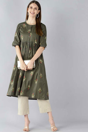 Green Cotton Printed Flared Fit Kurti