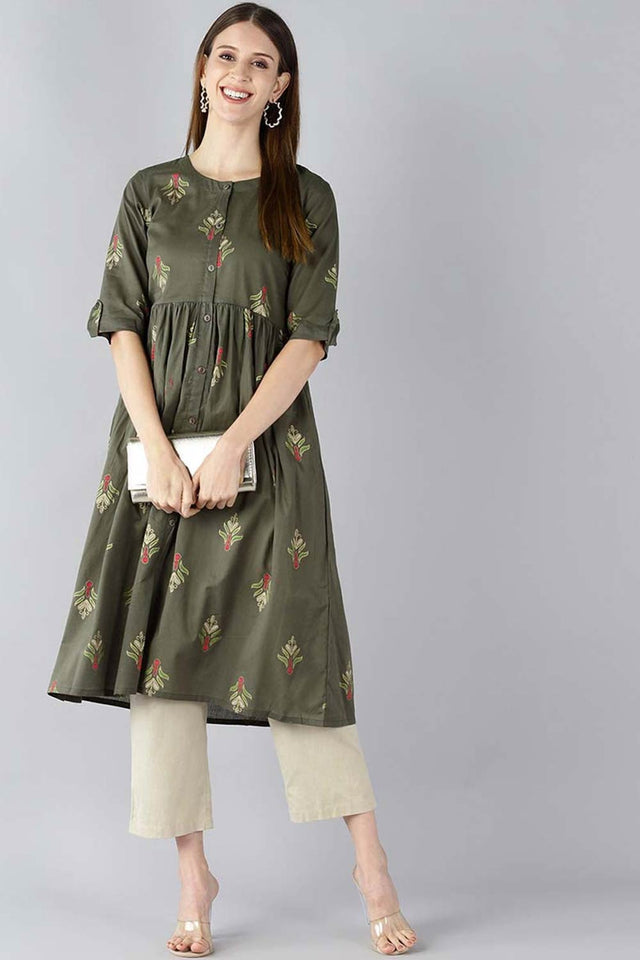 Green Cotton Printed Flared Fit Kurti