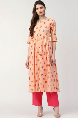 Pink Cotton Printed Flared Fit Kurti