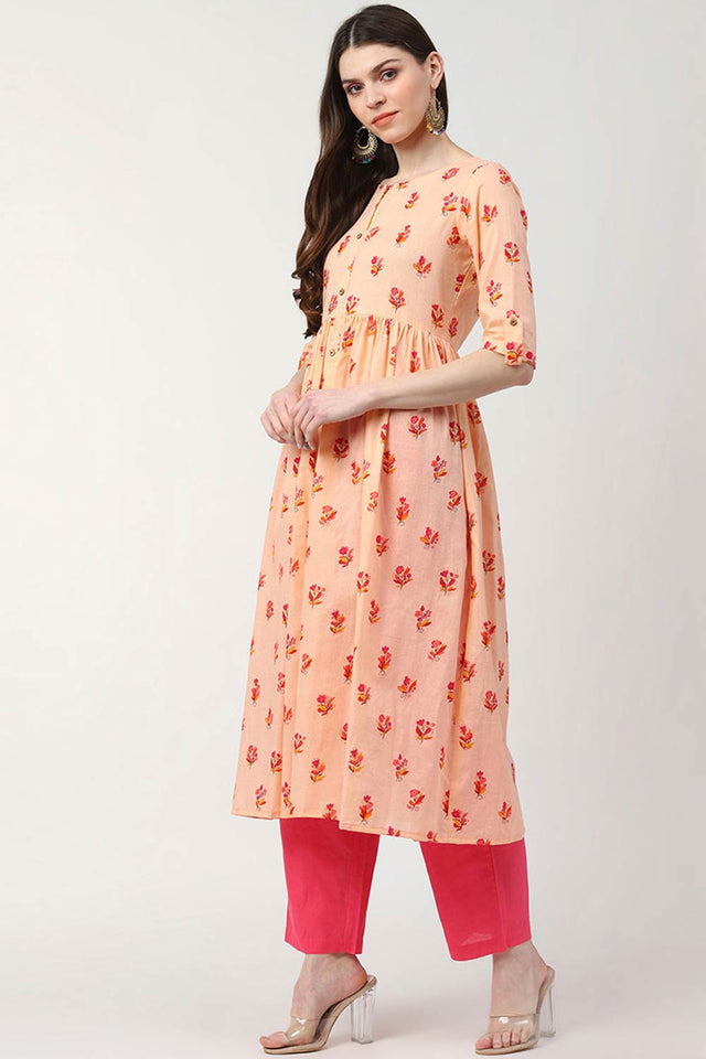 Pink Cotton Printed Flared Fit Kurti