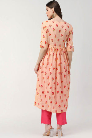 Pink Cotton Printed Flared Fit Kurti