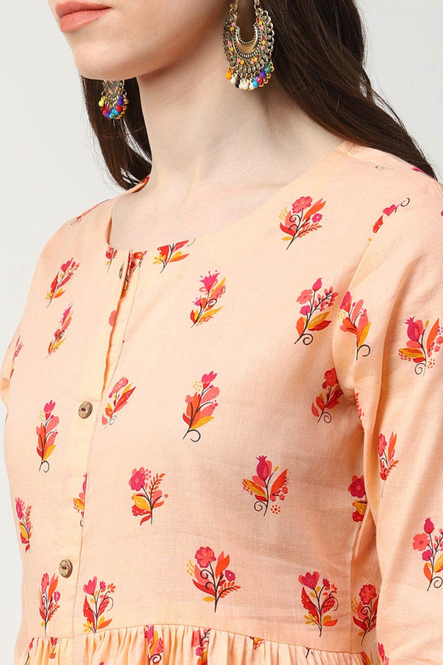 Pink Cotton Printed Flared Fit Kurti