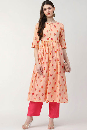 Pink Cotton Printed Flared Fit Kurti