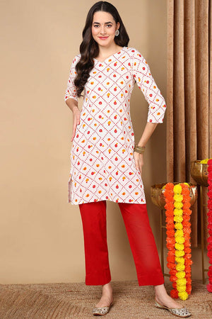 White Cotton Floral Print V Neck Kurti