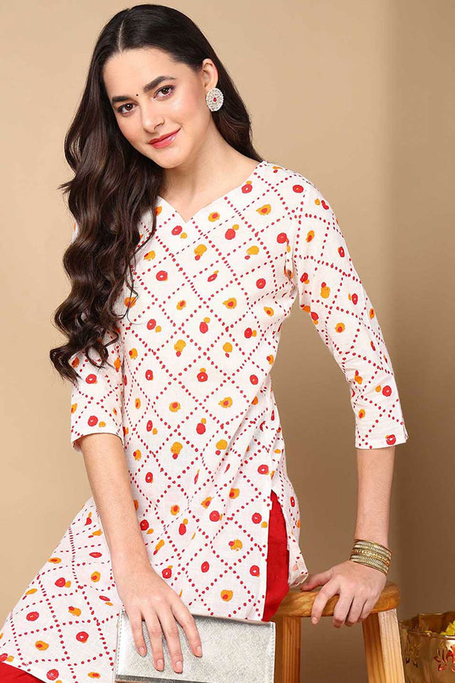 White Cotton Floral Print V Neck Kurti