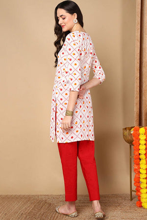 White Cotton Floral Print V Neck Kurti