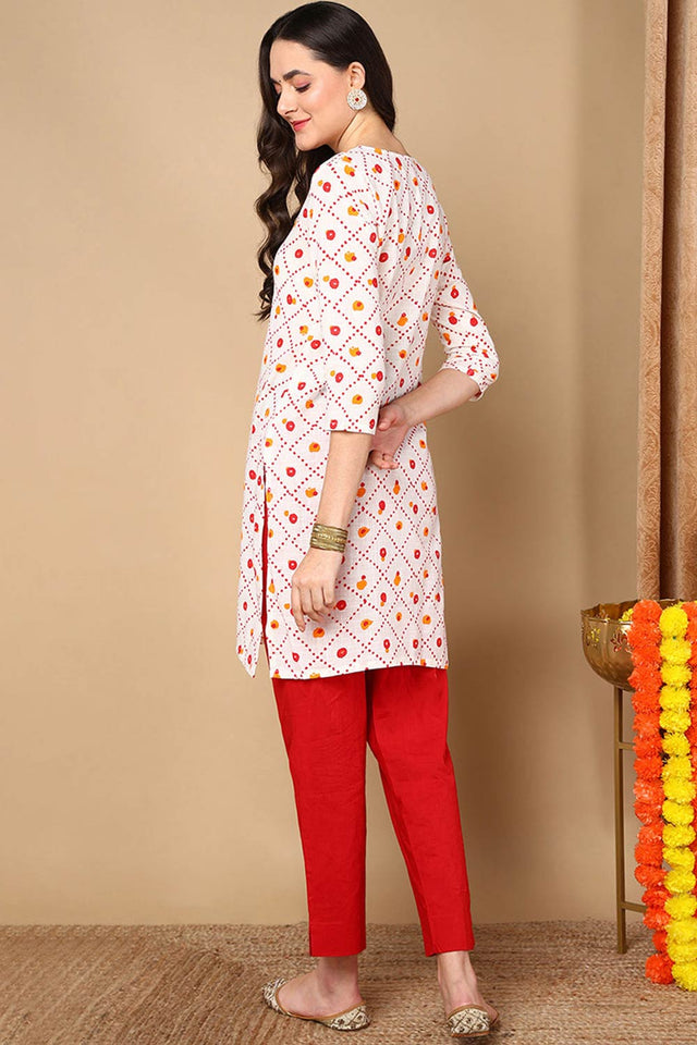 White Cotton Floral Print V Neck Kurti