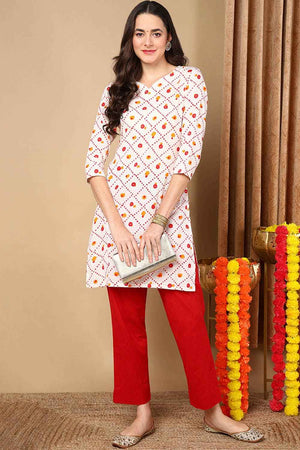 White Cotton Floral Print V Neck Kurti