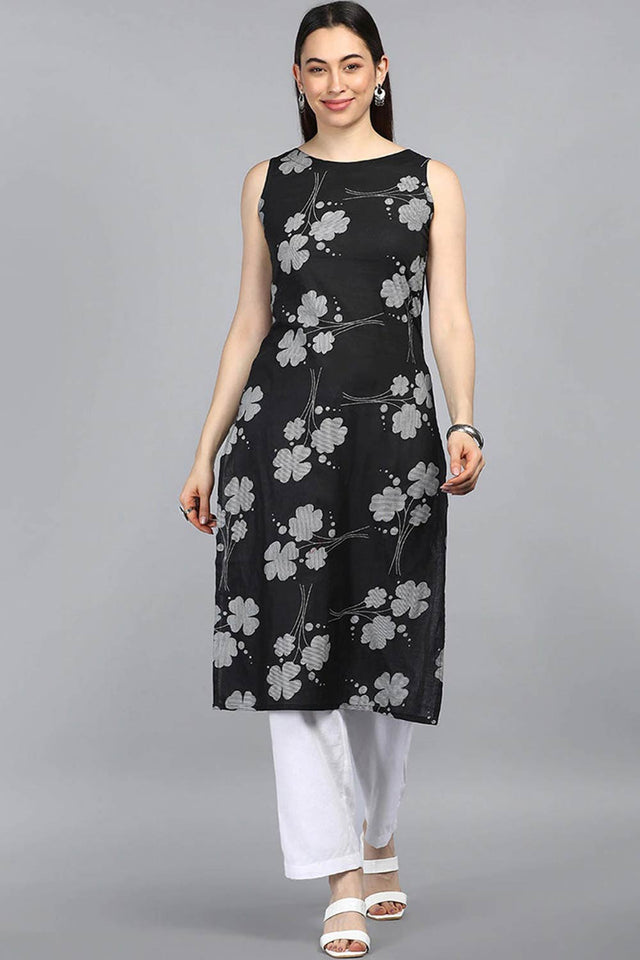 Black Cotton Floral Flared Fit Kurti