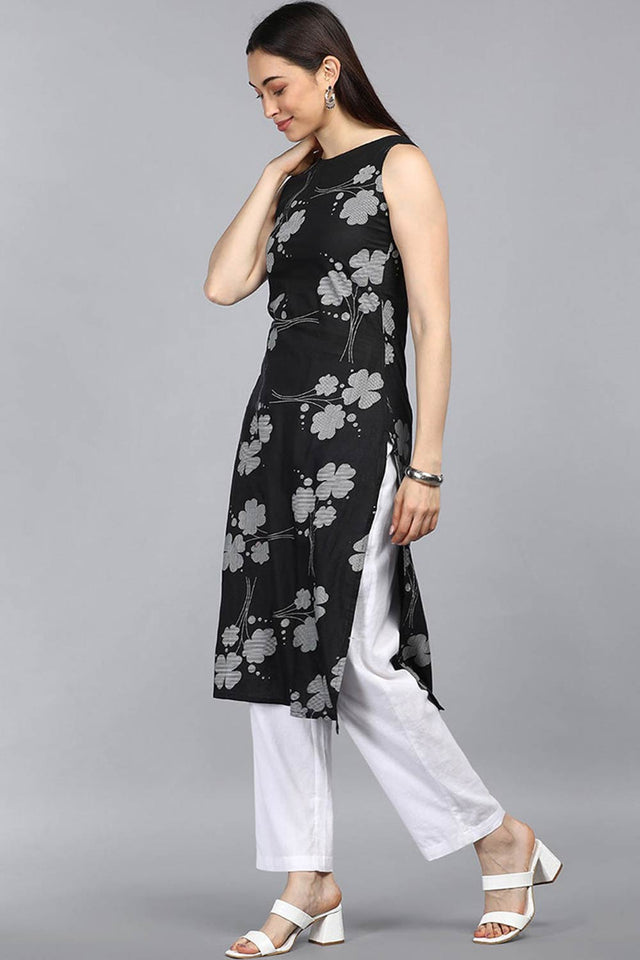 Black Cotton Floral Flared Fit Kurti
