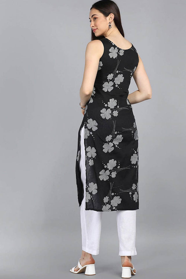 Black Cotton Floral Flared Fit Kurti