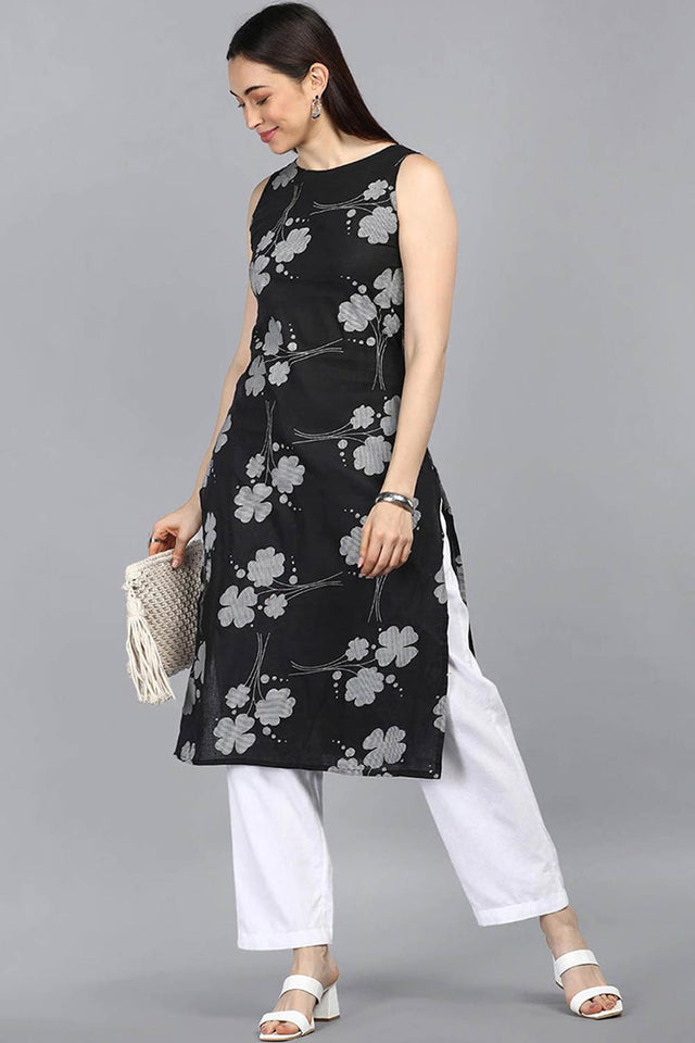 Black Cotton Floral Flared Fit Kurti