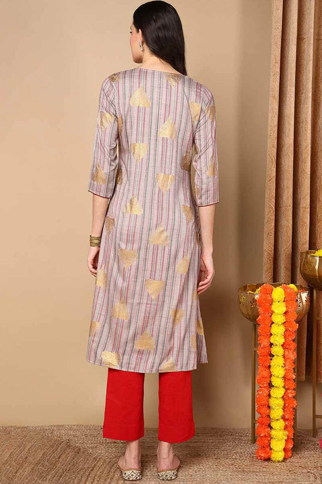 grey Cotton Round Neck Kurti