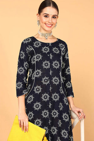 Blue Cotton Round Neck Kurti