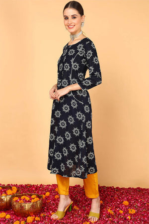 Blue Cotton Round Neck Kurti