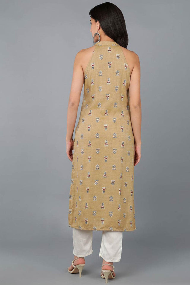 Yellow Cotton Floral Print Round Neck Kurti