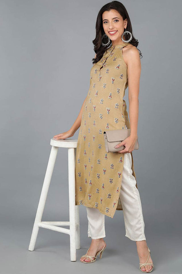 Yellow Cotton Floral Print Round Neck Kurti