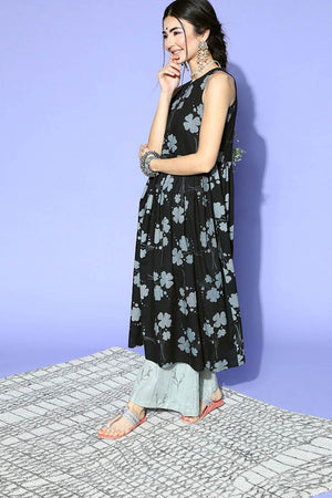 Black Cotton Floral Flared Fit Kurti