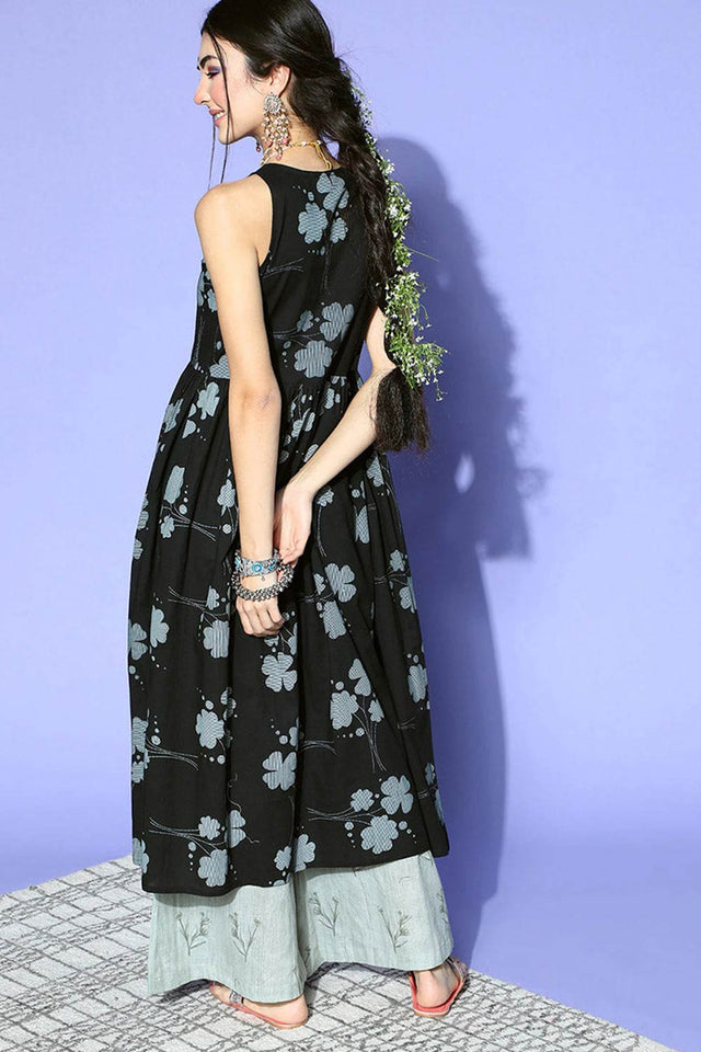Black Cotton Floral Flared Fit Kurti